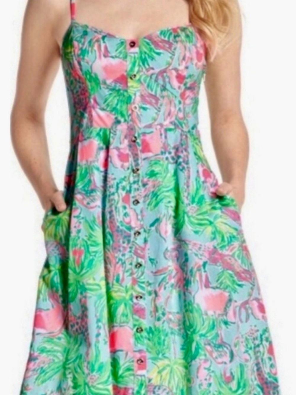 Lilly Pulitzer Pink & Green Tropical Button-Front Sundress